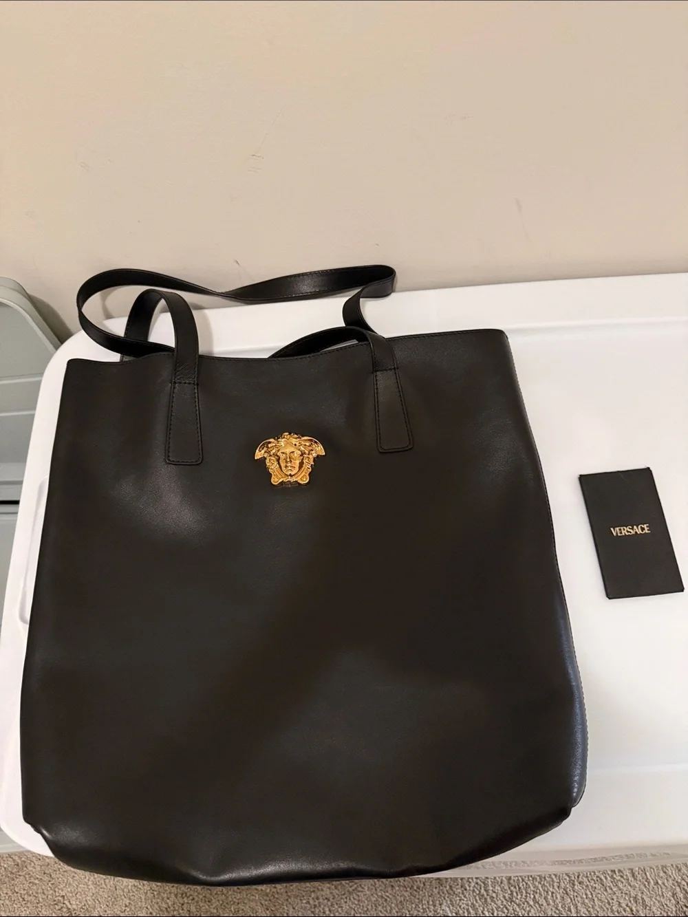 Versace Black Leather Tote with Gold Medusa Accent